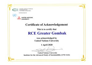 A certificate of acknowledgement for RCE Greater Gombak signed by the United Nations University Institute for the Advanced Study of Sustainability (UNU-IAS).