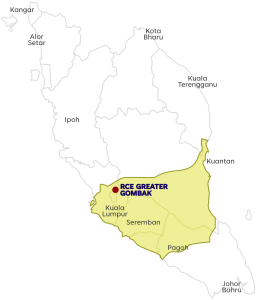 A map of Peninsular Malaysia showing the coverage of RCE Greater Gombak which spans from central-west Malaysia off to Kuantan in the east, and towards the south all the way to Pagoh.